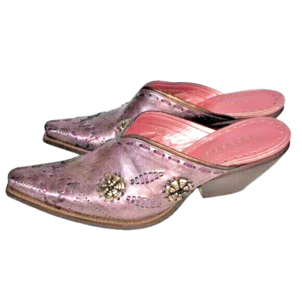 BCBGIRLS Purple Woven Leather Mules 7.5B Pink Metallic Embroidered Mules